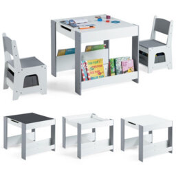 Gainoom Kids Grey Table And Chairs Set Toddler Wooden Activity Desk W/ Reversible Tabletop