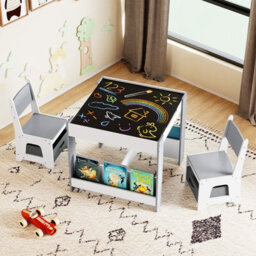 Gainoom Kids Grey Table And Chairs Set Toddler Wooden Activity Desk W/ Reversible Tabletop - thumbnail 2
