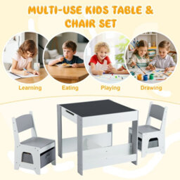 Gainoom Kids Grey Table And Chairs Set Toddler Wooden Activity Desk W/ Reversible Tabletop - thumbnail 5