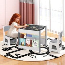 Gainoom Kids Grey Table And Chairs Set Toddler Wooden Activity Desk W/ Reversible Tabletop - thumbnail 3