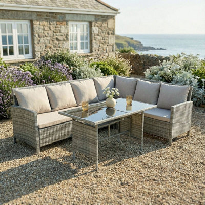 Alia Rattan Garden Corner 6 Seater Outdoor Sofa Dining Set With Glass Table Grey, Garden Furniture Set - image 1