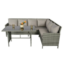 Alia Rattan Garden Corner 6 Seater Outdoor Sofa Dining Set With Glass Table Grey, Garden Furniture Set - thumbnail 5