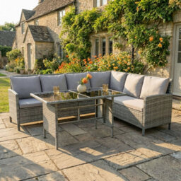 Alia Rattan Garden Corner 6 Seater Outdoor Sofa Dining Set With Glass Table Grey, Garden Furniture Set - thumbnail 2