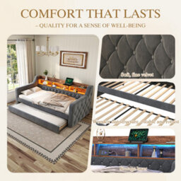 Btm 3Ft Velvet Daybed 90X190Cm, Led Ambience, Usb-C Charging, Storage, Metal-Wood Frame, Grey - thumbnail 8