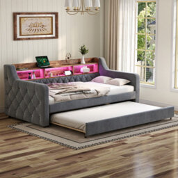 Btm 3Ft Velvet Daybed 90X190Cm, Led Ambience, Usb-C Charging, Storage, Metal-Wood Frame, Grey - thumbnail 9