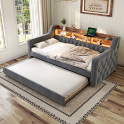 Btm 3Ft Velvet Daybed 90X190Cm, Led Ambience, Usb-C Charging, Storage, Metal-Wood Frame, Grey - thumbnail 3