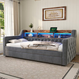Btm 3Ft Velvet Daybed 90X190Cm, Led Ambience, Usb-C Charging, Storage, Metal-Wood Frame, Grey - thumbnail 6
