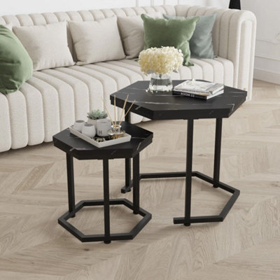 Nesting Of 2 Tables Marble Effect Mdf Top Metal Frame Side End Nested Tables - Black Marble - image 1