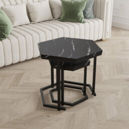 Nesting Of 2 Tables Marble Effect Mdf Top Metal Frame Side End Nested Tables - Black Marble - thumbnail 3