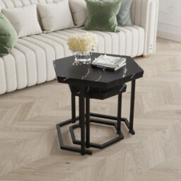 Nesting Of 2 Tables Marble Effect Mdf Top Metal Frame Side End Nested Tables - Black Marble - thumbnail 7