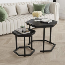 Nesting Of 2 Tables Marble Effect Mdf Top Metal Frame Side End Nested Tables - Black Marble