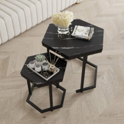 Nesting Of 2 Tables Marble Effect Mdf Top Metal Frame Side End Nested Tables - Black Marble - thumbnail 4