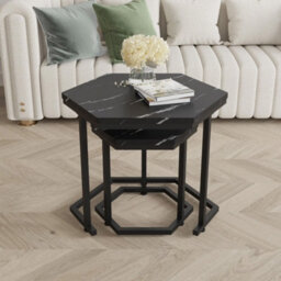 Nesting Of 2 Tables Marble Effect Mdf Top Metal Frame Side End Nested Tables - Black Marble - thumbnail 6