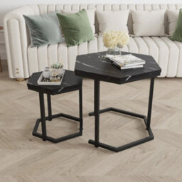 Nesting Of 2 Tables Marble Effect Mdf Top Metal Frame Side End Nested Tables - Black Marble - thumbnail 5