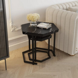 Nesting Of 2 Tables Marble Effect Mdf Top Metal Frame Side End Nested Tables - Black Marble - thumbnail 8