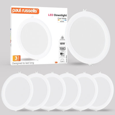 Paul Russells Led Round Panel Ceiling Lights, 18W 1980 Lumens, Spotlights, Ip20, 4000K Cool White, Pack Of 6 - image 1