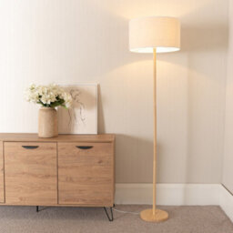 Valuelights Heather Light Wood Stem Floor Lamp With Natural White Trim Drum Shade And Led Bulb
