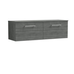 Balterley Bramshall Contemporary Bathroom Wall Hung 2-Drawer Vanity Unit With Worktop, Anthracite Woodgrain, 1200mm - thumbnail 1