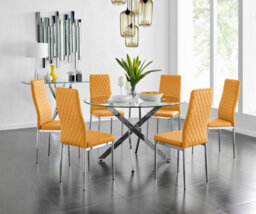 Furniturebox Novara Clear Tempered Glass 120Cm Round Dining Table With Chrome Starburst Legs & 6 Mustard Milan Faux Leather Chairs