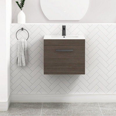 Royal Bathrooms Turin Grey Elm 500mm Wall Hung Vanity Unit 1 Drawer With Minimalist Basin Sink & Matt Black Handles - image 1