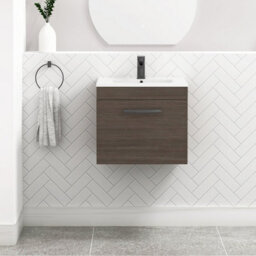 Royal Bathrooms Turin Grey Elm 500mm Wall Hung Vanity Unit 1 Drawer With Minimalist Basin Sink & Matt Black Handles - thumbnail 1