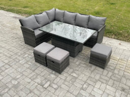 Fimous Wicker Pe Outdoor Rattan Garden Furniture Set Height Adjustable Rising Lifting Table Sofa Dining Set With 3 Footstools - thumbnail 1