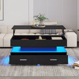 Abrihome Hydraulic Lift Top Coffee Table, Led Coffee Tables With Storage, Coffee Table With 2 Drawers & Led Light, Black - thumbnail 9
