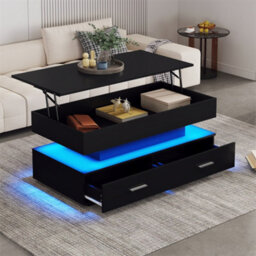 Abrihome Hydraulic Lift Top Coffee Table, Led Coffee Tables With Storage, Coffee Table With 2 Drawers & Led Light, Black