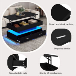 Abrihome Hydraulic Lift Top Coffee Table, Led Coffee Tables With Storage, Coffee Table With 2 Drawers & Led Light, Black - thumbnail 4