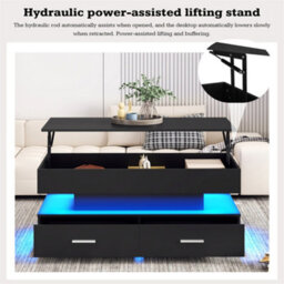 Abrihome Hydraulic Lift Top Coffee Table, Led Coffee Tables With Storage, Coffee Table With 2 Drawers & Led Light, Black - thumbnail 6