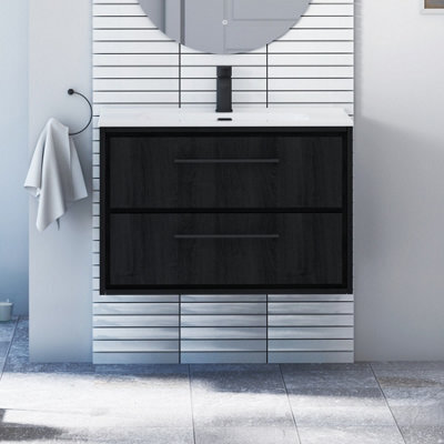 Royal Bathrooms Livora 800mm Black Woodgrain Wall Hung Bathroom Vanity Unit 2 Drawer With Ceramic Basin & Matt Black Handle - image 1