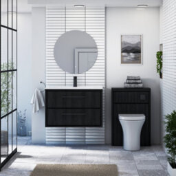 Royal Bathrooms Livora 800mm Black Woodgrain Wall Hung Bathroom Vanity Unit 2 Drawer With Ceramic Basin & Matt Black Handle - thumbnail 3