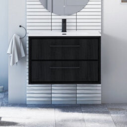 Royal Bathrooms Livora 800mm Black Woodgrain Wall Hung Bathroom Vanity Unit 2 Drawer With Ceramic Basin & Matt Black Handle - thumbnail 1