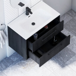 Royal Bathrooms Livora 800mm Black Woodgrain Wall Hung Bathroom Vanity Unit 2 Drawer With Ceramic Basin & Matt Black Handle - thumbnail 4