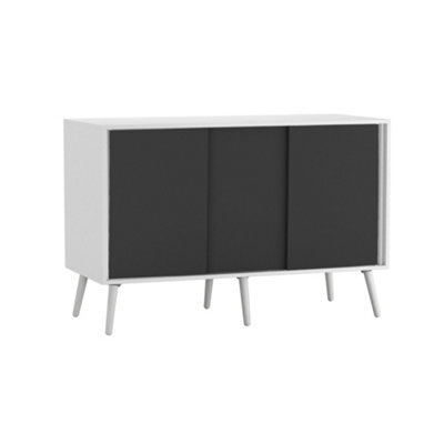 Urbn-Living Urbnliving 3-Door Sliding Cabinet Sideboard White Carcass With Black Doors Storage Organiser Home Cupboard White Wooden Legs - image 1