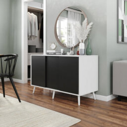 Urbn-Living Urbnliving 3-Door Sliding Cabinet Sideboard White Carcass With Black Doors Storage Organiser Home Cupboard White Wooden Legs - thumbnail 2