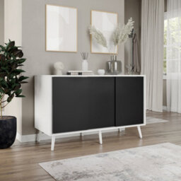 Urbn-Living Urbnliving 3-Door Sliding Cabinet Sideboard White Carcass With Black Doors Storage Organiser Home Cupboard White Wooden Legs - thumbnail 3