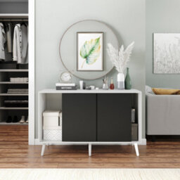 Urbn-Living Urbnliving 3-Door Sliding Cabinet Sideboard White Carcass With Black Doors Storage Organiser Home Cupboard White Wooden Legs - thumbnail 4