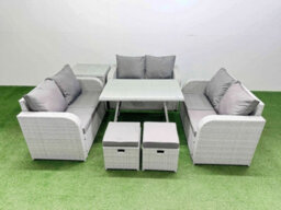 Fimous Rattan Garden Furniture Dining Set 8-Seater Patio Rectangular Table Love Sofa Set With Side Table 2 Small Stools - thumbnail 1