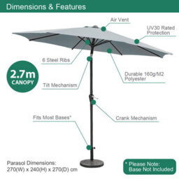 Gardenkraft 14730 2.7M Grey Outdoor Garden Parasol - thumbnail 2