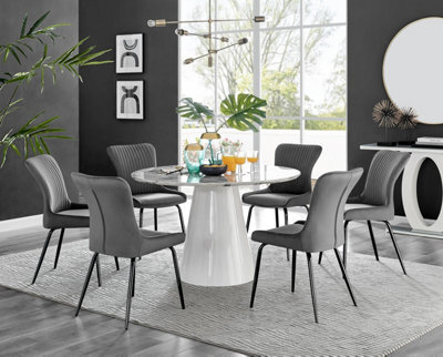 Furniturebox Uk Palma White Marble Effect Round Dining Table & 6 Dark Grey Nora Black Leg Chairs - image 1