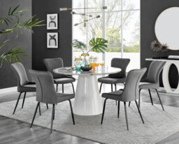 Furniturebox Uk Palma White Marble Effect Round Dining Table & 6 Dark Grey Nora Black Leg Chairs - thumbnail 1