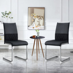 Modern Dining Chairs Set Of 2, Backrest Made Of Pu Faux Leather And Linen, High Back Padded Side Chair, Black
