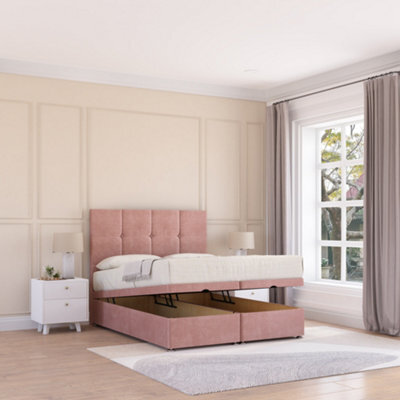 Sloomy Jasmine End Lift Ottoman Bed 6Ft With Sprung Memory Mattress - Pink Plush & Headboard- Super King - image 1