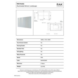 RAK Ceramics Rak Hestia 1000X800mm Rectangular Led Illuminated Bathroom Mirror With Touch Sensor & Demister - thumbnail 2