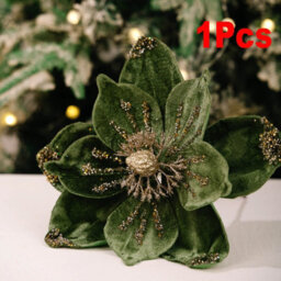 Amorly 26Cm Christmas Artificial Glitter Poinsettia Flowers, Green Xmas Flowers Wedding Christmas Tree Decorations New Year Ornaments - thumbnail 1