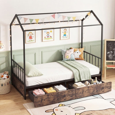 Gainoom Single Size Brown House Bed With 2 Drawers Heavy-Duty Metal Platform Bed With Roof - image 1