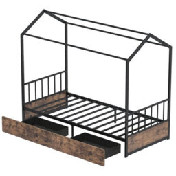 Gainoom Single Size Brown House Bed With 2 Drawers Heavy-Duty Metal Platform Bed With Roof - thumbnail 9