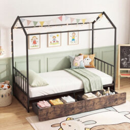Gainoom Single Size Brown House Bed With 2 Drawers Heavy-Duty Metal Platform Bed With Roof - thumbnail 1