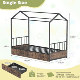 Gainoom Single Size Brown House Bed With 2 Drawers Heavy-Duty Metal Platform Bed With Roof - thumbnail 2